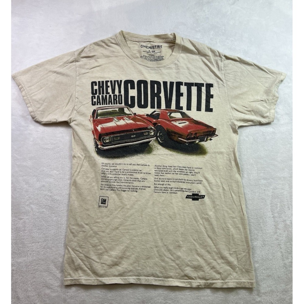 Real Chemistry Chevy Camaro Corvette Graphic T-Shirt Mens Small Tan Short Sleeve
